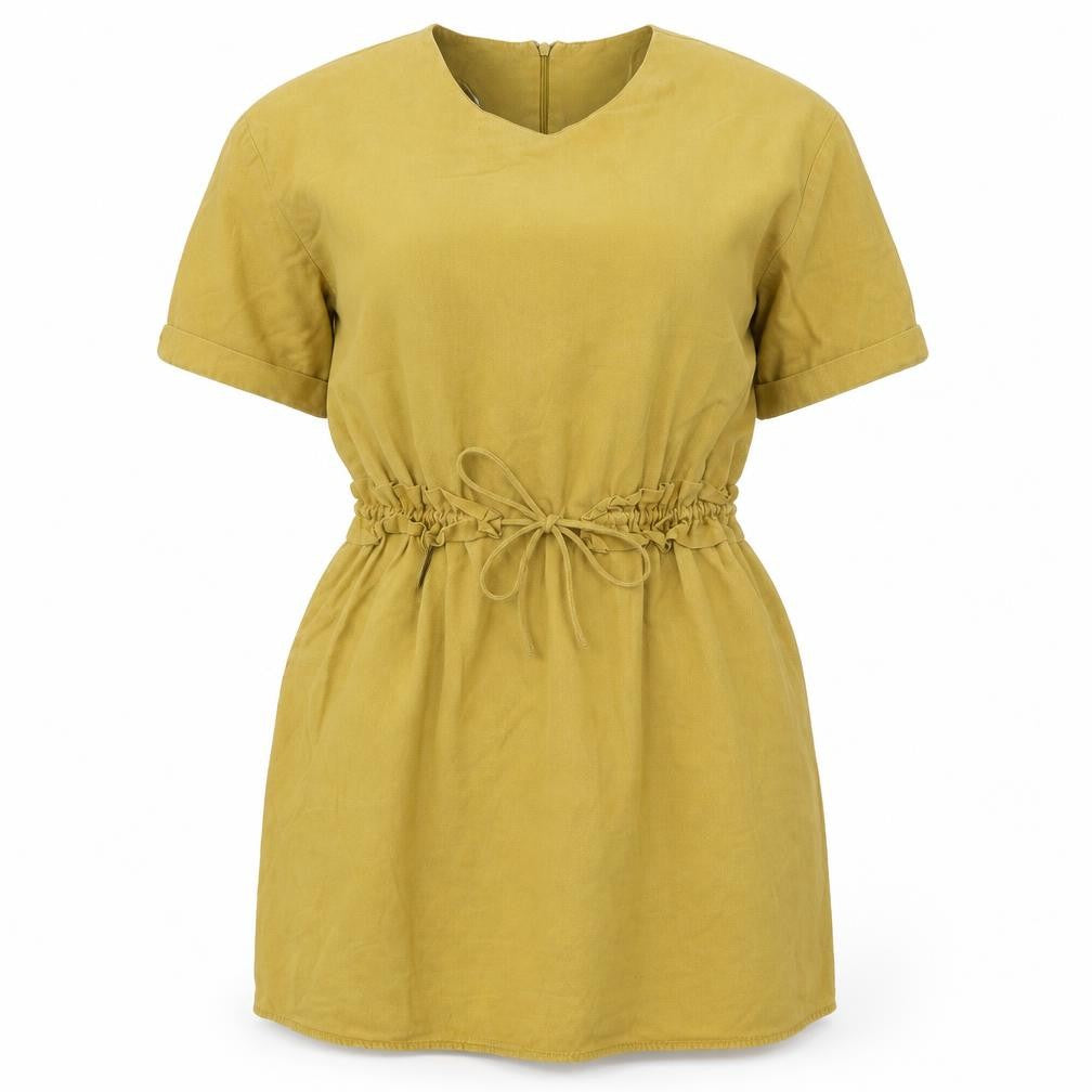 Front view of Zara women’s yellow viscose mini, size S, round neck zip
