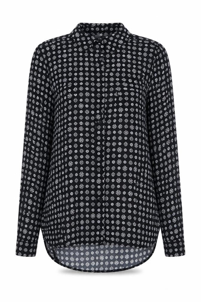 Front view of Staring at Stars women’s black geometric viscose basic button-up, size S, v-neck