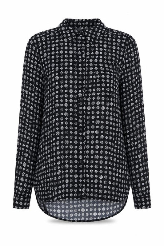 Front view of Staring at Stars women’s black geometric viscose basic button-up, size S, v-neck