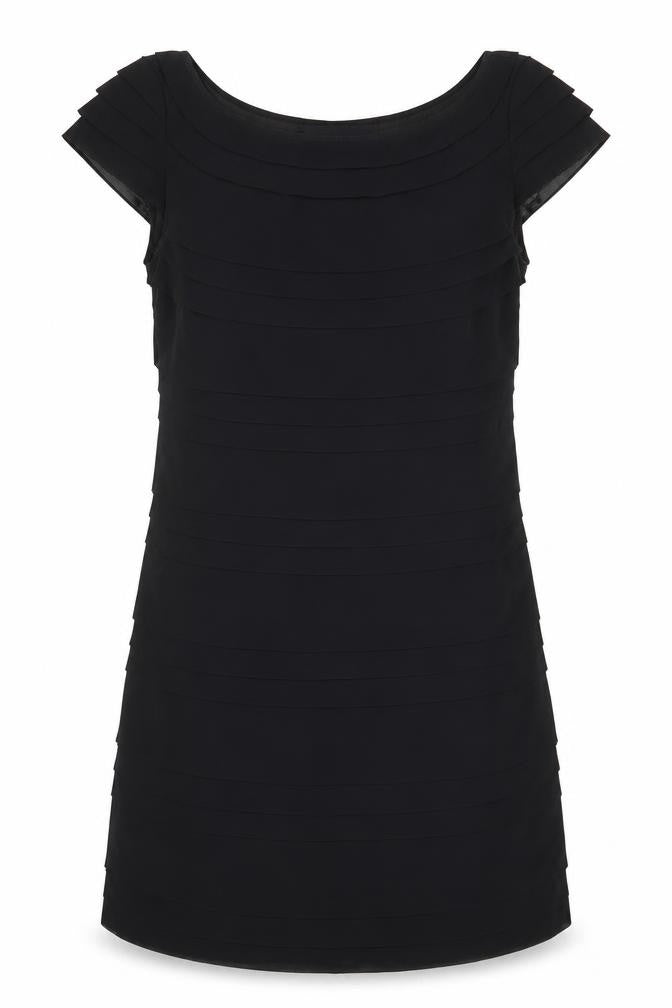 Front view of French Connection women’s black polyester shift, size UK 10, boat neck zip