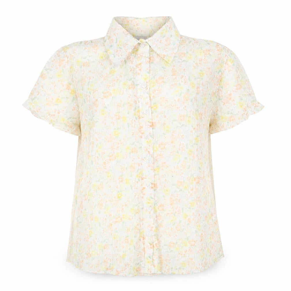 Front view of EVIE women’s yellow geometric polyester basic button-up, size UK 12, v-neck