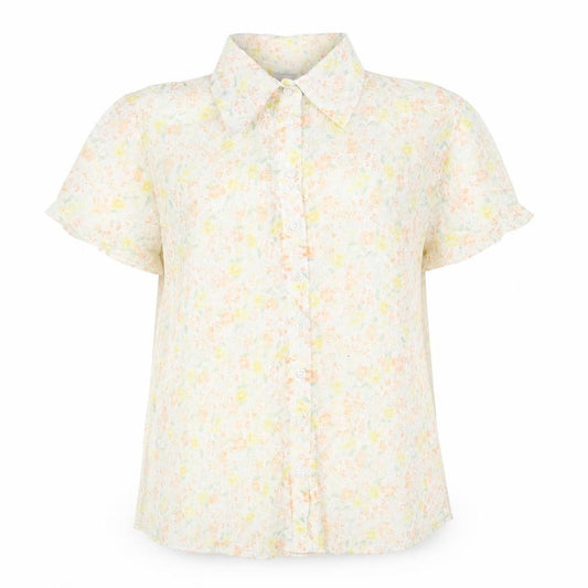 Front view of EVIE women’s yellow geometric polyester basic button-up, size UK 12, v-neck