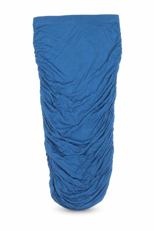 Front view of Boohoo women’s blue viscose bodycon, size UK 12, off the shoulder pullover