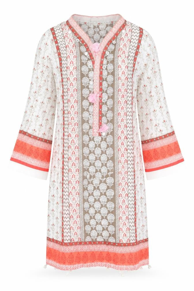 Khas Pret Womens White Geometric Polyester Tunic T-Shirt Size S V-Neck