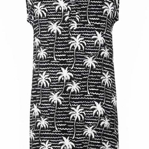 Monoprix Femme Womens Black Geometric Viscose Shift Size 10 V-Neck Button - Palm Tree Print