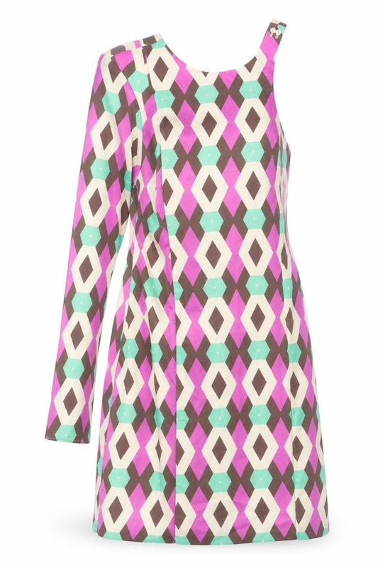 Front view of Zara women’s multicoloured geometric polyester a-line, size XS, round neck zip