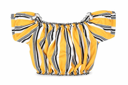 Front view of Select women’s yellow striped polyester cropped blouse, off the shoulder - shirred neckline and bottom