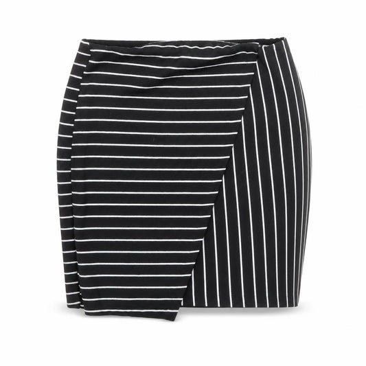 Front view of Miss Selfridge women’s black striped polyester bandage skirt, size UK 10