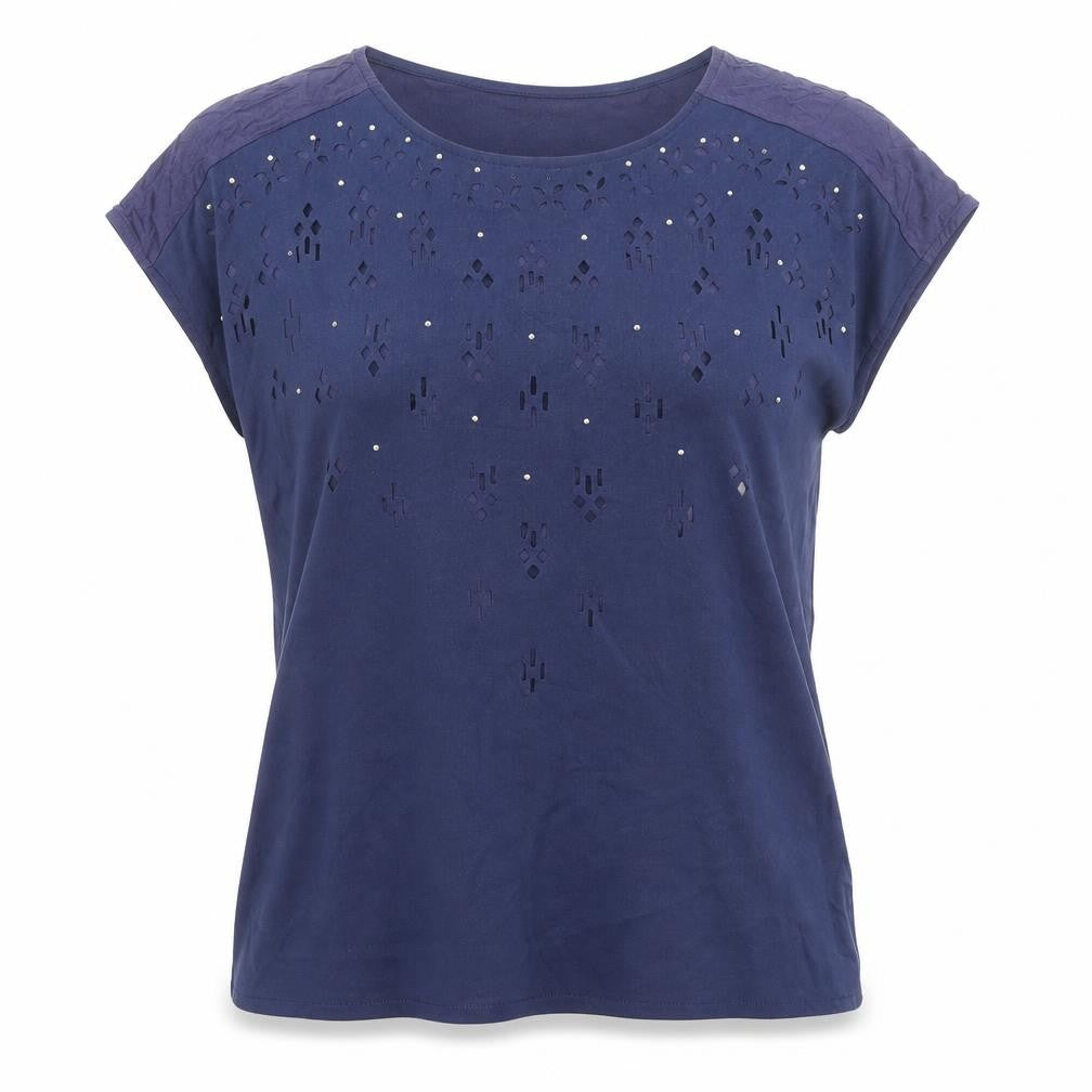 Front view of Klass women’s blue polyester basic t-shirt, size M, round neck - laser cut style on front