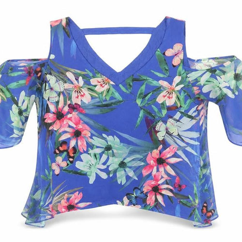 Wallis Womens Blue Floral Polyester Cropped T-Shirt Size M V-Neck