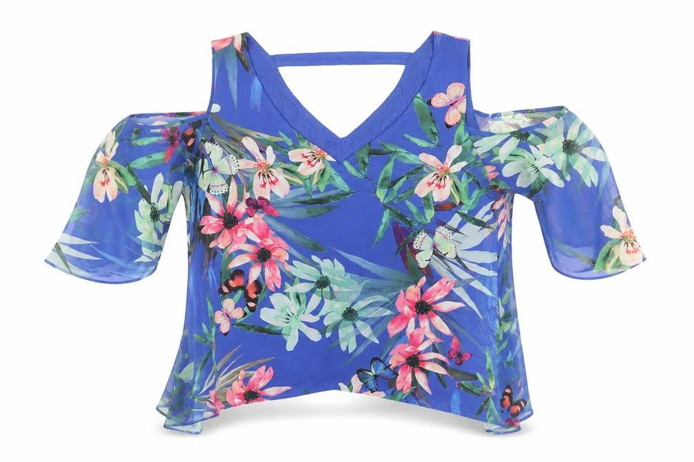 Wallis Womens Blue Floral Polyester Cropped T-Shirt Size M V-Neck