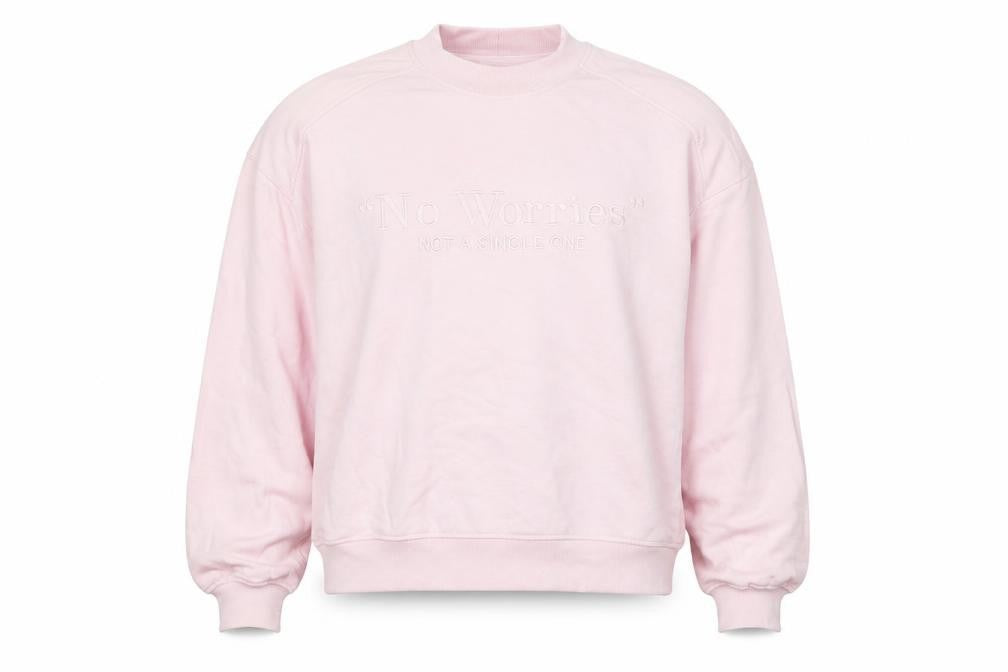 Front view of women’s pink polyester pullover sweatshirt, size S, pullover - no worries