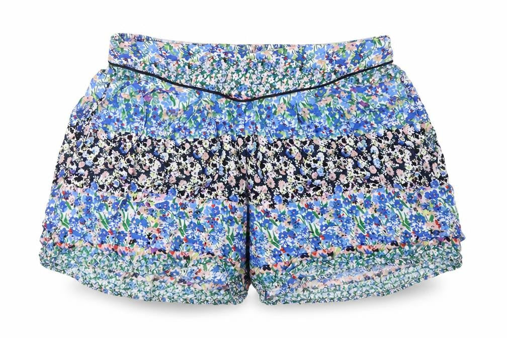 Front view of Stradivarius women’s multicoloured geometric polyester paperbag shorts, size M, regular pull on