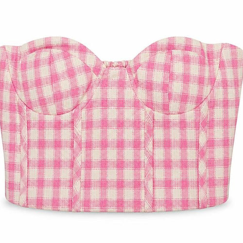 Zara Womens Pink Geometric Cotton Cropped Tank Size 4XL Off the Shoulder - Shirred detail at the back