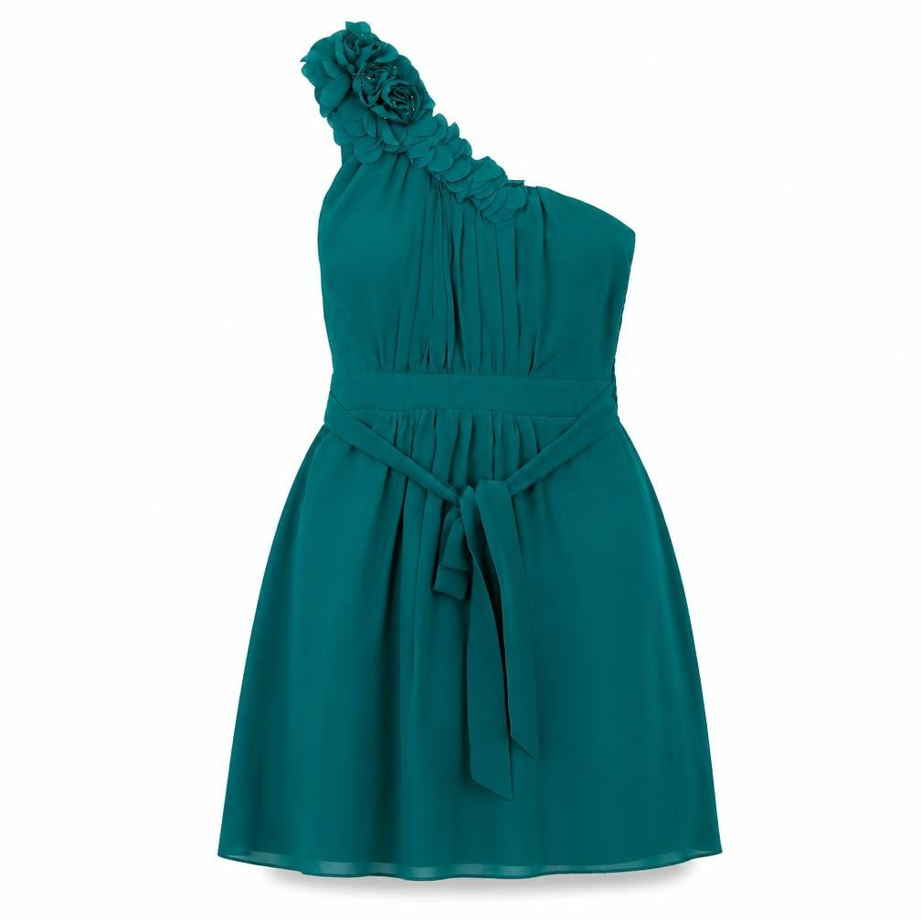Front view of New Look women’s green polyester mini, size UK 8, one shoulder zip - shirred
