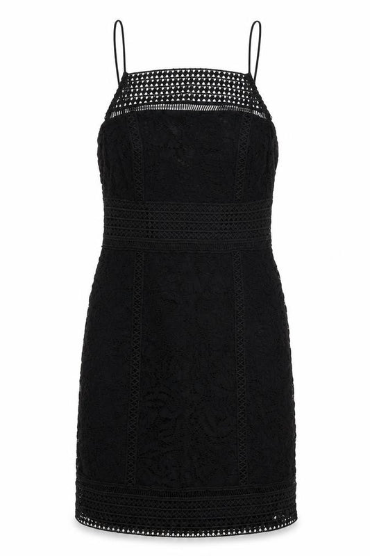 Front view of Topshop women’s black geometric polyester a-line, size UK 12, square neck zip