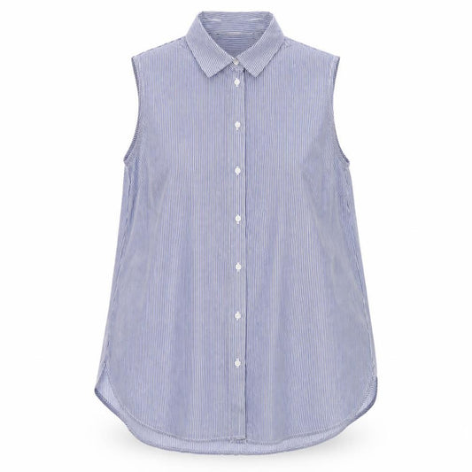 Front view of H&M women’s blue striped polyester basic button-up, size UK 12, collared