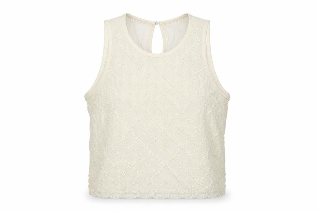 Front view of Topshop women’s white geometric viscose basic tank, size UK 8, round neck