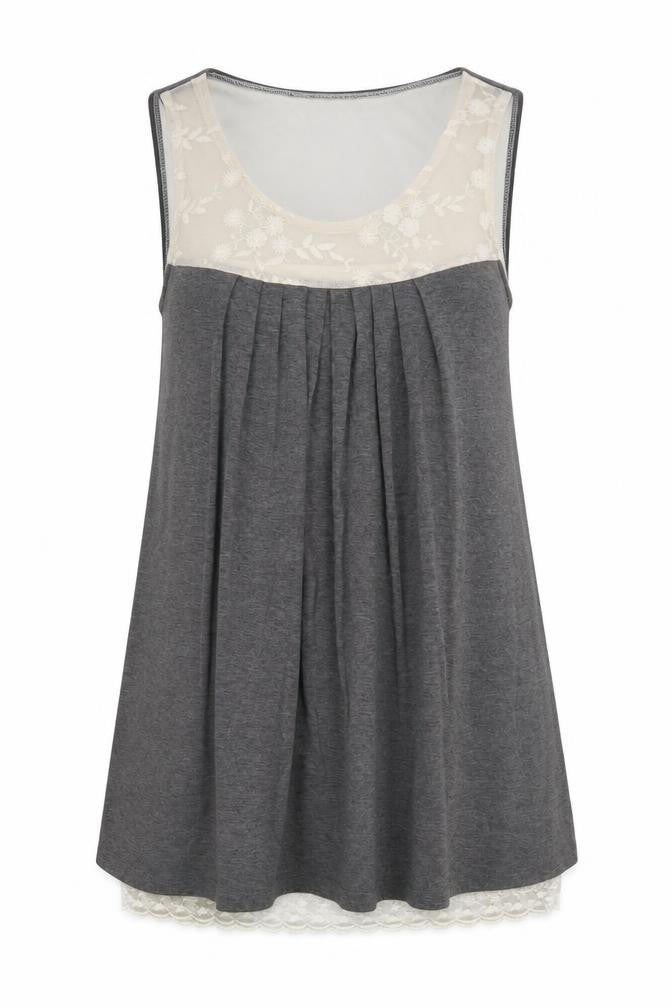Front view of Rainbow women’s grey polyester basic tank, size UK 12, scoop neck - flower detail