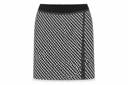 Front view of Tu women’s black geometric polyester a-line skirt, size UK 12, zip