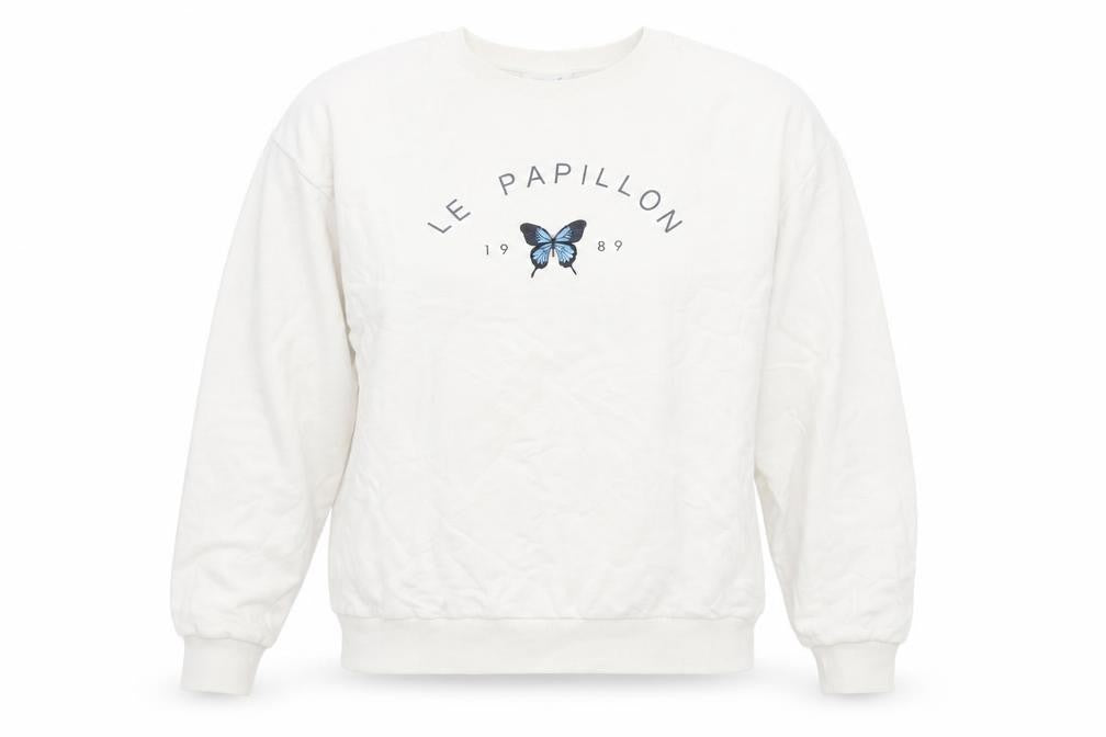Front view of Topshop women’s white cotton pullover sweatshirt, size M, pullover - le papillon