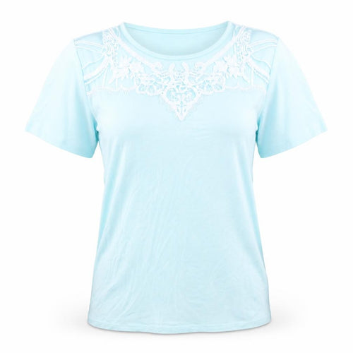 Damart Womens Blue Cotton Basic T-Shirt Size 14 Round Neck - Crochet Detail