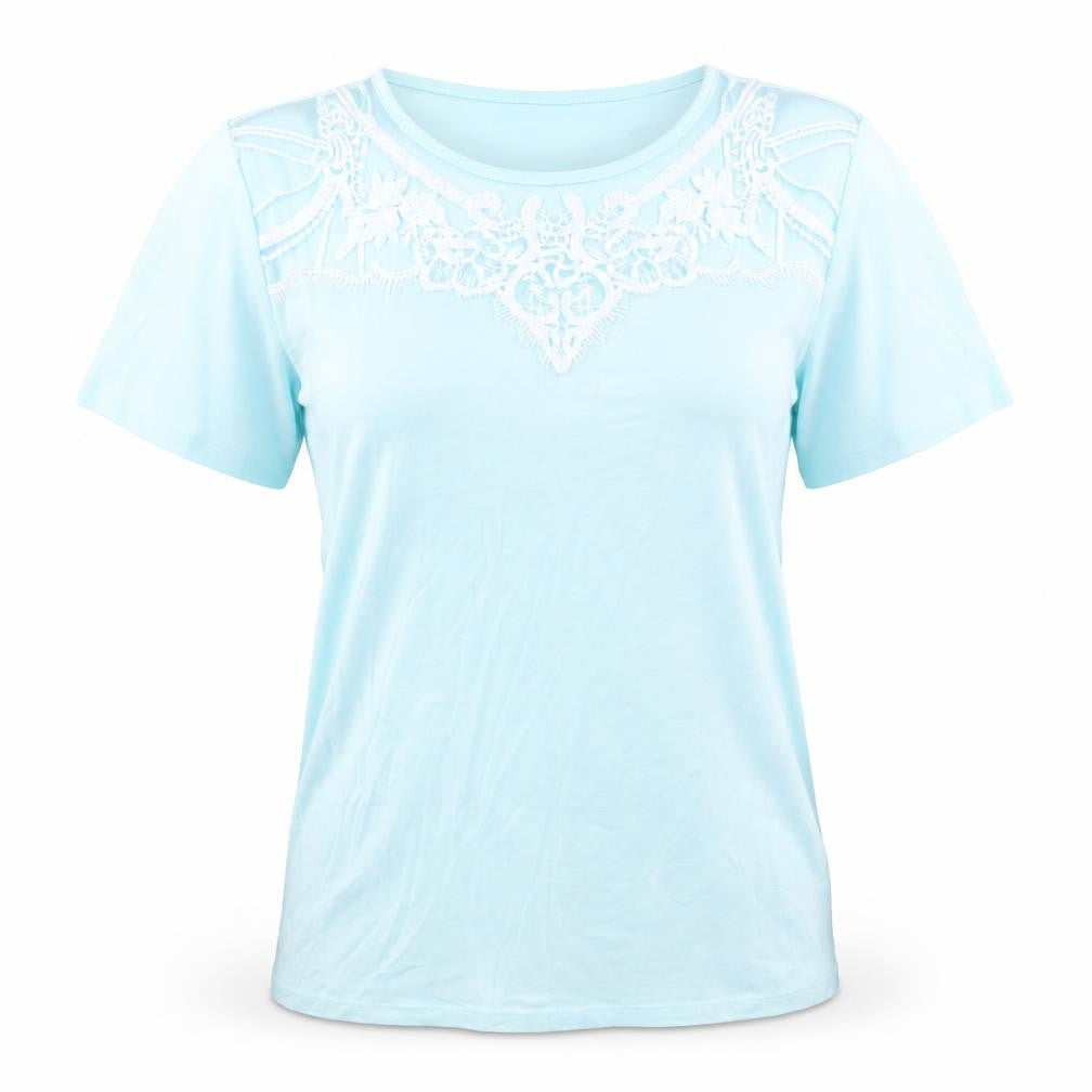 Damart Womens Blue Cotton Basic T-Shirt Size 14 Round Neck - Crochet Detail