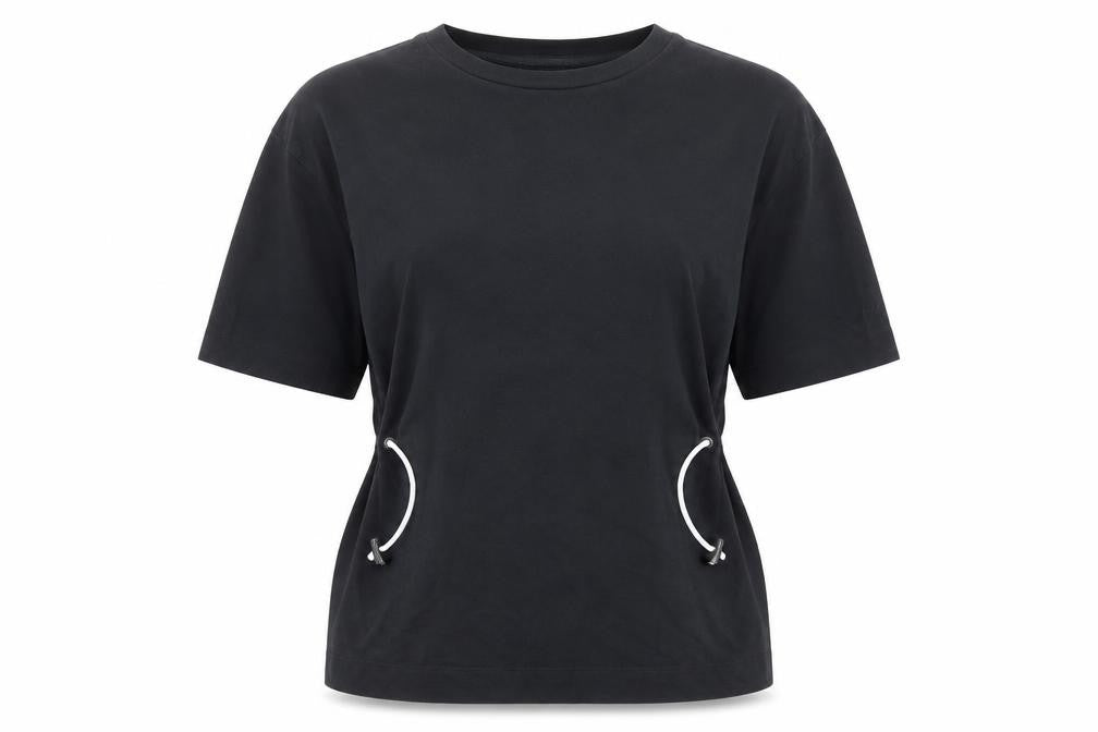 Front view of John Lewis women’s black cotton basic t-shirt, size M, round neck