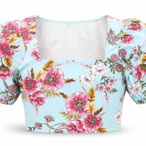 Fashion Nova Womens Blue Floral Polyester Cropped Blouse Size M Square Neck
