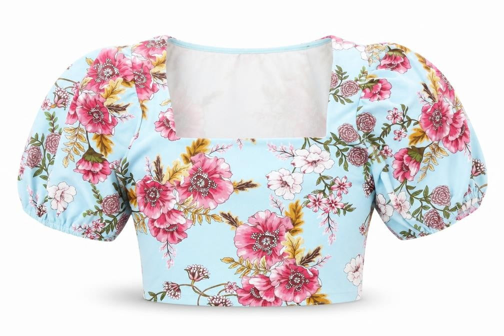 Fashion Nova Womens Blue Floral Polyester Cropped Blouse Size M Square Neck