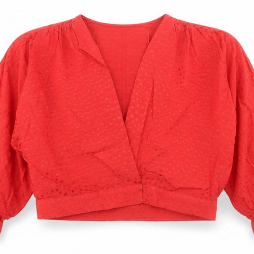 Zara Womens Red Polka Dot Viscose Cropped Blouse Size L V-Neck