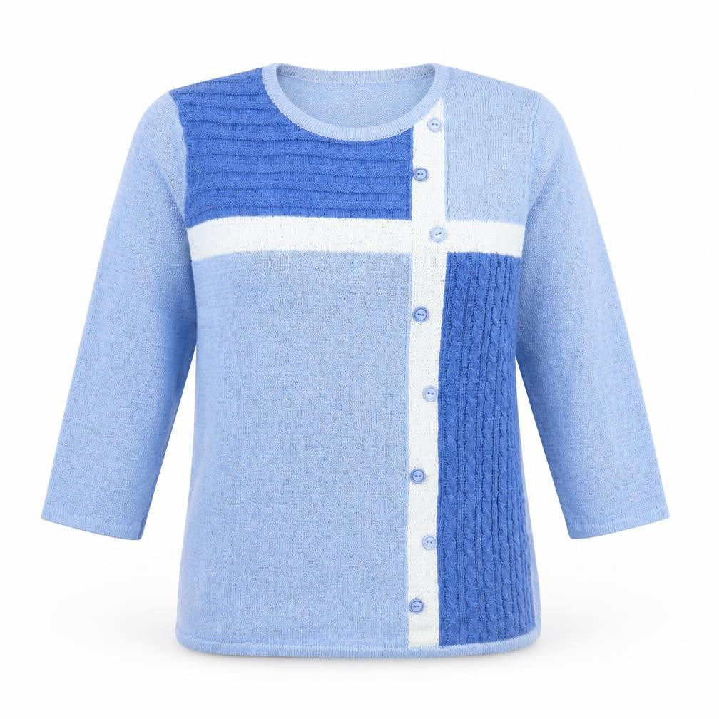 Front view of Mudflower women’s blue round neck geometric acrylic jumper, size S