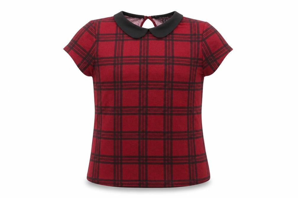 Front view of Atmosphere women’s red geometric viscose basic t-shirt, size UK 6, round neck - collar detail