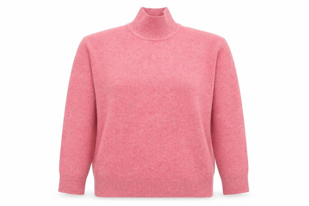 Front view of Marks & Spencer women’s pink roll neck acrylic jumper, size XS