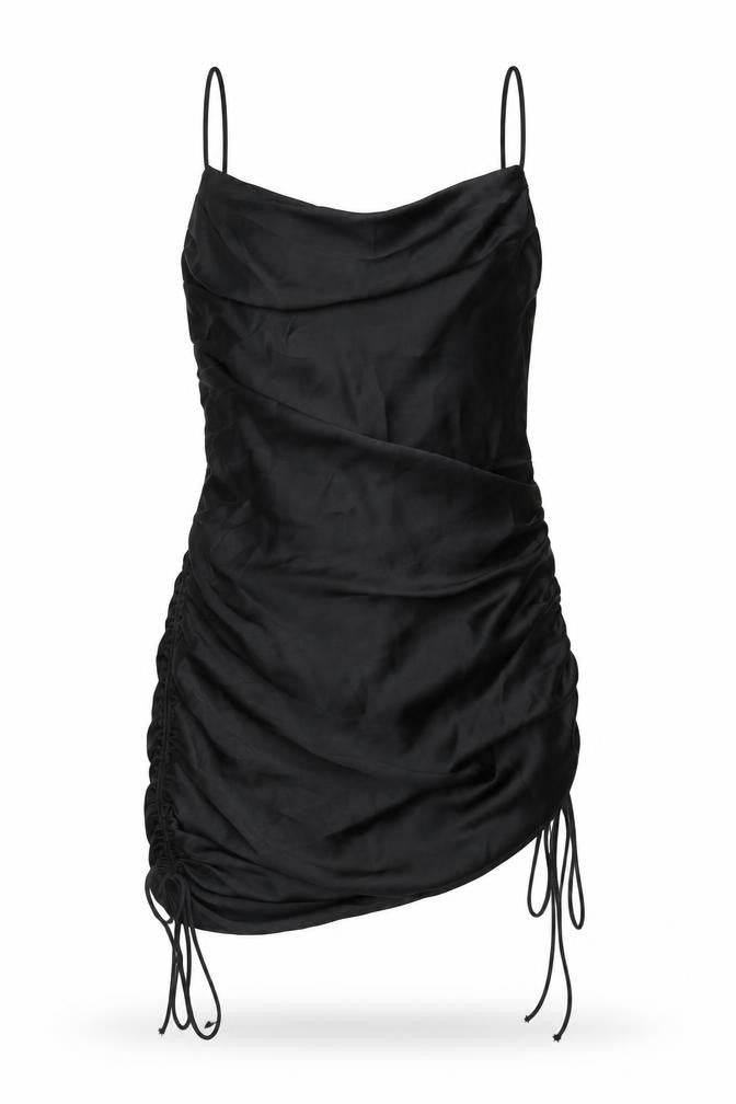 Front view of Zara women’s black polyester mini, size S, square neck tie