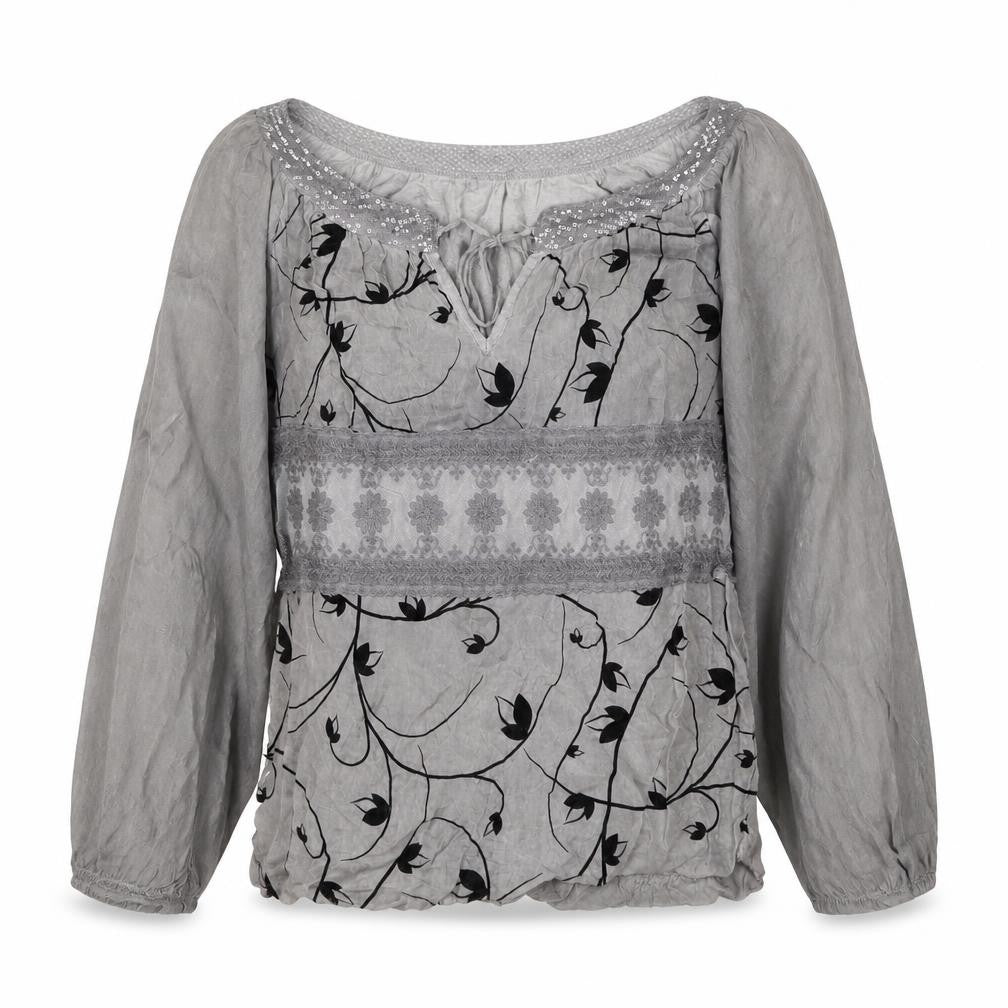 Front view of Rosemarine women’s grey geometric viscose basic blouse, size M, round neck