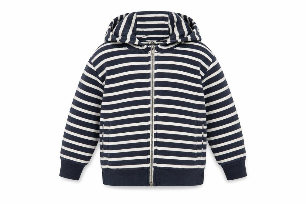 Front view of Next girls’ blue striped jacket, size 9, years zip