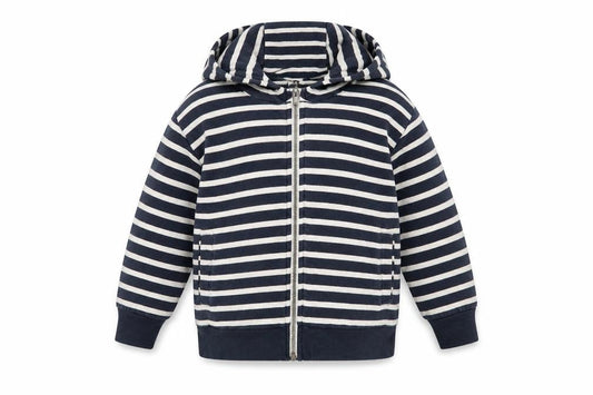 Front view of Next girls’ blue striped jacket, size 9, years zip