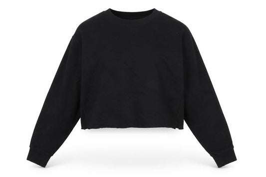Front view of ASOS women’s black cotton pullover sweatshirt, size UK 6, pullover - cropped, cross open back detail