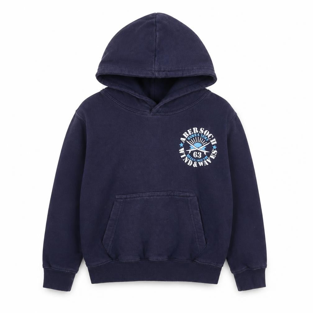 Front view of DISHER boys’ blue cotton pullover hoodie, size M, pullover