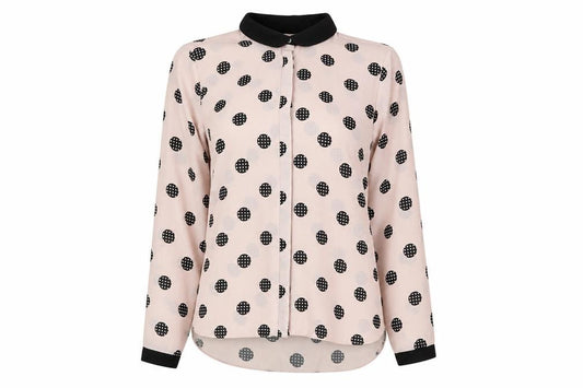 Front view of Papaya women’s pink polka dot polyester basic button-up, size UK 14, v-neck