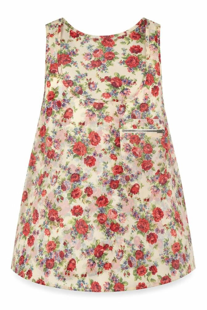 Front view of Topshop women’s ivory floral polyester basic tank, size UK 6, scoop neck