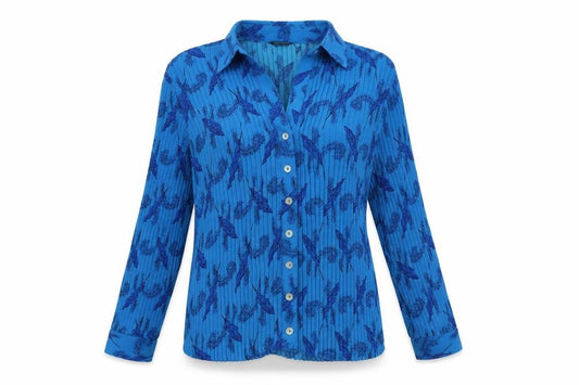Front view of Bella Moda women’s blue geometric polyester basic button-up, size UK 12, collared - ribbed