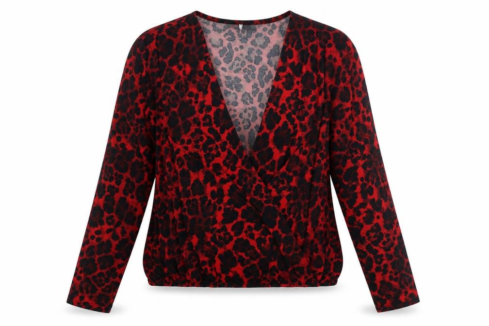 Front view of V By Very women’s red animal print polyester basic blouse, size UK 14, v-neck