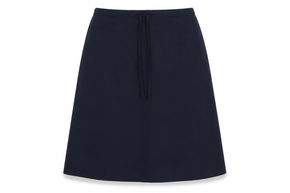 Front view of Daxon women’s blue polyester a-line skirt, size UK 18, drawstring