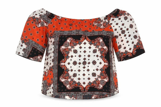Front view of F&F women’s multicoloured geometric polyester basic blouse, size UK 10, off the shoulder