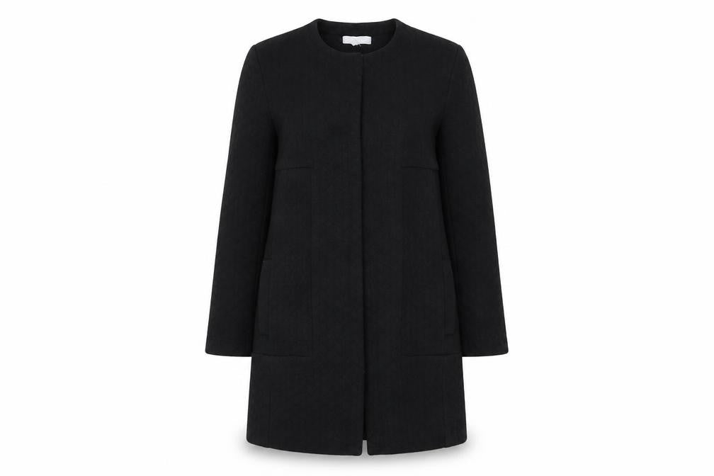 Front view of Red Herring women’s black overcoat coat, size UK 8