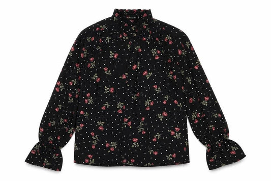 Front view of In the Style women’s black floral polyester basic button-up, size UK 6, round neck