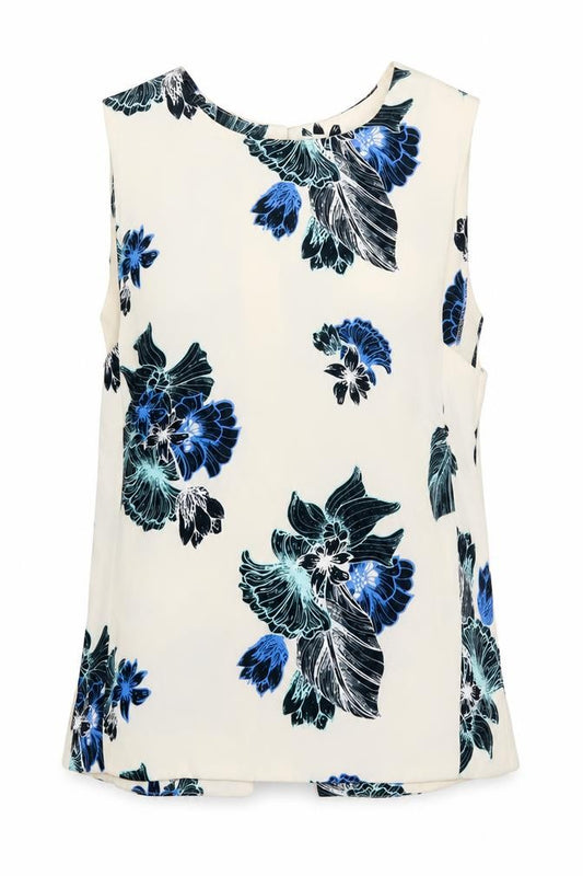 Front view of H&M women’s multicoloured geometric polyester basic tank, size UK 8, round neck