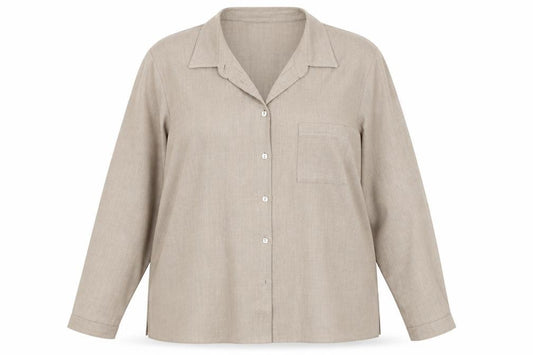 Front view of Fosby women’s beige polyester basic button-up, size UK 18, collared